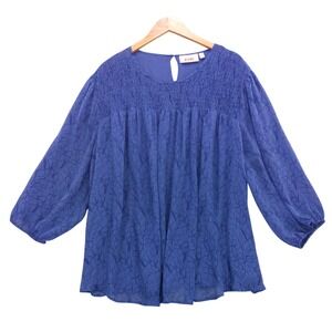 EVRI Women's Blue Floral Smocked Neck Long Sleeve Blouse Plus Size 4X